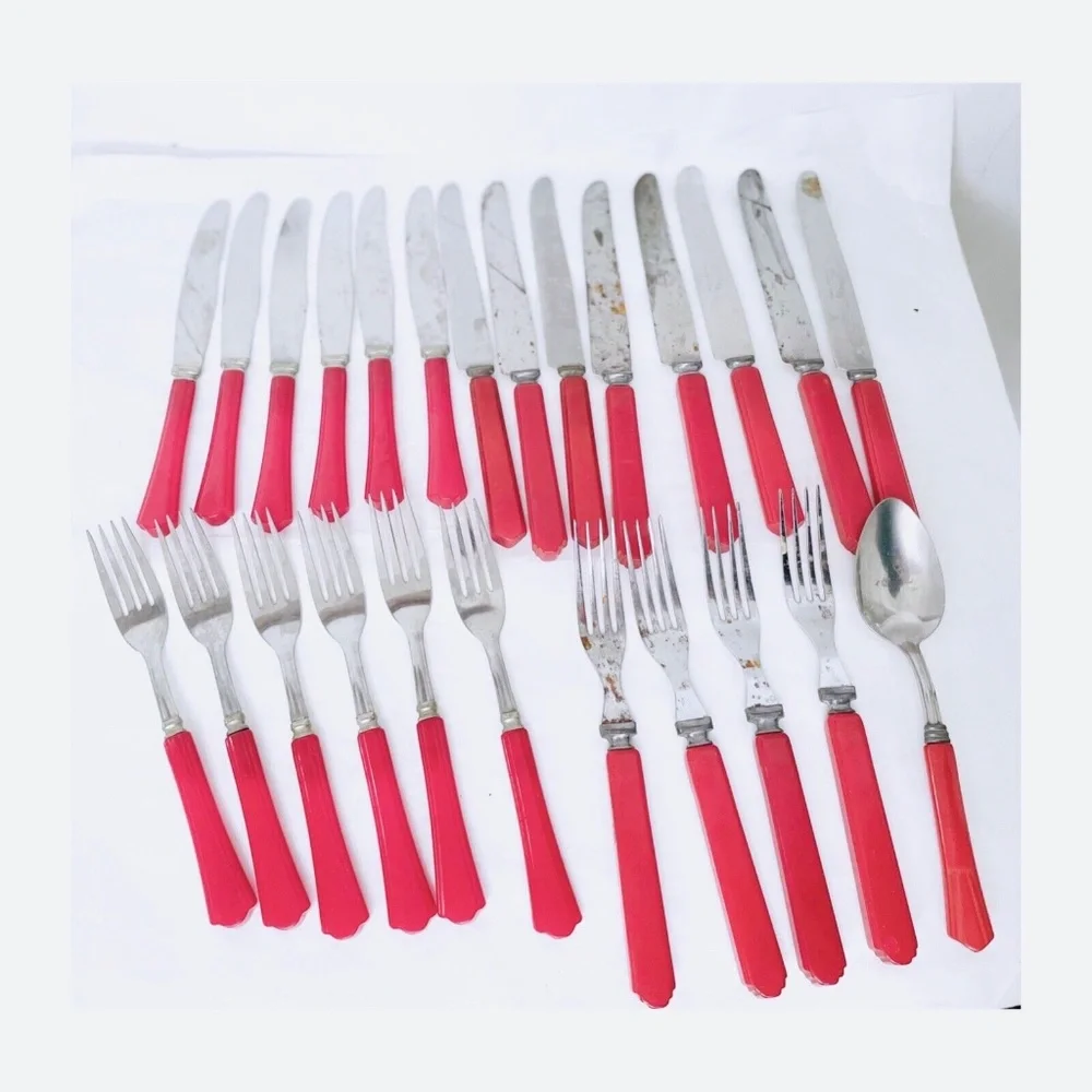 Peerless Stainless Steel Lot of 25 Dinner Knives, Forks, Soup Spoon Red Handle